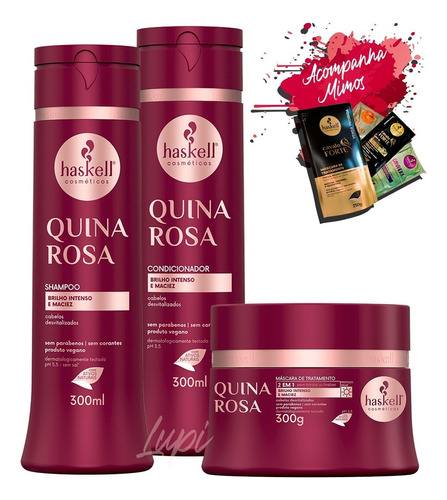  Kit Haskell Quina Rosa Shampoo Condicionador Máscara 250g