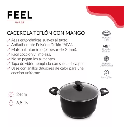 Cacerola Olla Teflon Antiadherente 24 Cm Hudson Tapa Vidrio