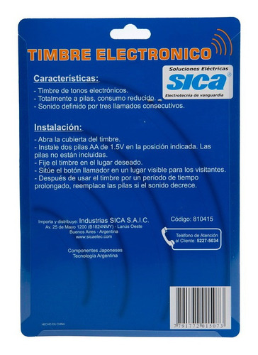 Imagen 3 de 4 de Timbre Electronico Ding Dong C/5 Mts Cable A Pilas Sica
