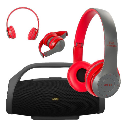 Imagen 1 de 8 de Combo Parlante Bluetooth + Auriculares Bluetooth P47 Rojo