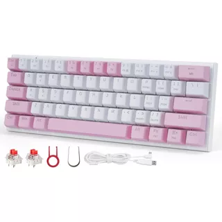 TERPORT 60% Teclado Mecanico Z11 Compacto Blanco/rosa, Outemu Red Switch Hotswap, Cable Removible, Teclado de Computadora de 61 Teclas Anti-ghosting, Teclado Gamer Z11 Para Win/mac/consolas