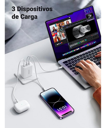 Cargador Ugreen 65 W Carga Rápida Usb A + 2 Usb C Blanco
