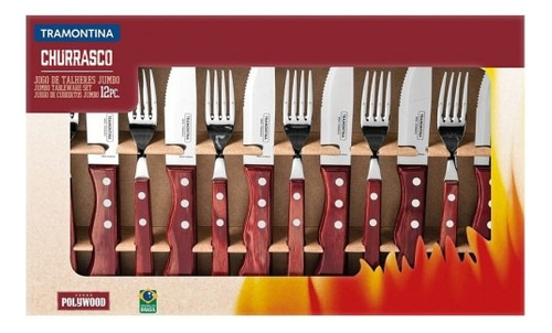 Jogo De Talheres Com 12 Peças Churrasco Aço Inox Jumbo Polywood Vermelho Tramontina