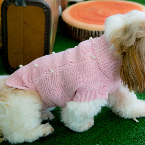 Suéter De Tricô Pet Com Pérolas Bordadas À Mão Rosa Tam P