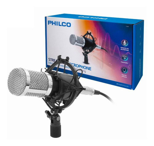 Micrófono Condensador Streaming Philco 31451 + Soporte Negro