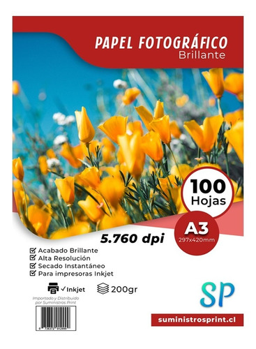 Papel Fotográfico Glossy A3 200gr Alto Brillo X 100 Hojas