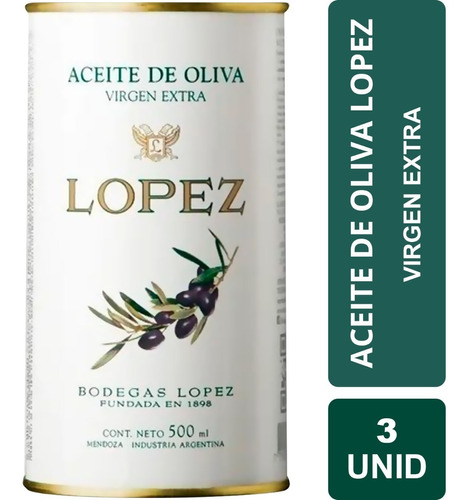 Aceite De Oliva López Virgen Extra  Lata 500ml X3 Unidades