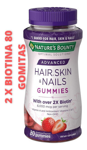 Natures Bounty Hair Skin & Nails Biotina 2x Advanced 80 Goma Sabor Fresa