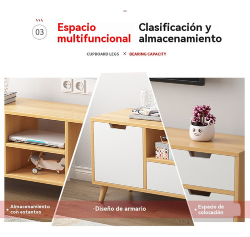 Mueble Tv Nórdico 140cm - 4 Puertas + 3 Estantes Abiertos Color Roble+blanco
