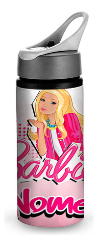 Garrafinha Barbie Rosa Canudo Bico Personalizada Nome 600ml