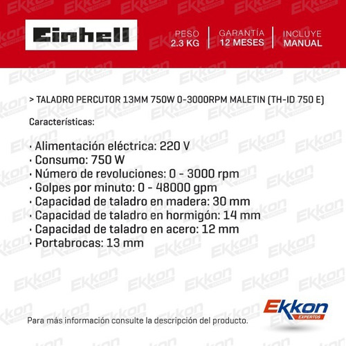 Taladro Percutor 750 W 3000 Rpm Maletín Einhell Th-id 750 E