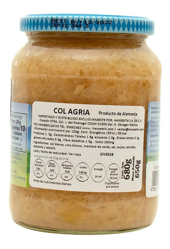 Col Agria Sauerkraut Develey Alemania 680 G