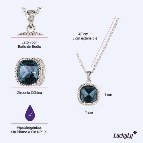 Collar Mujer Oro 14k Plata Zirconia, Mamá Luckyly Color Azul