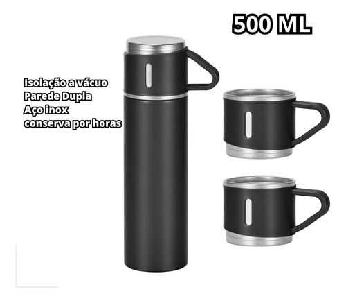 Kit Garrafa Térmica Vacuum Flask Set 500ml Com 3 Xícaras Cor Preto