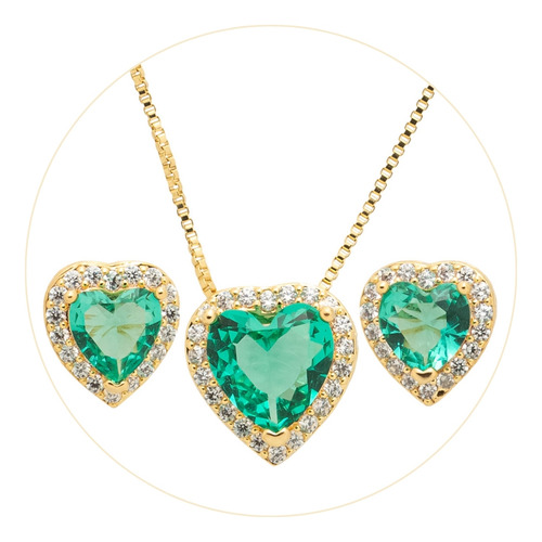 Conjunto Colar Brinco Corações Pedra Verde Banhado Ouro Kit