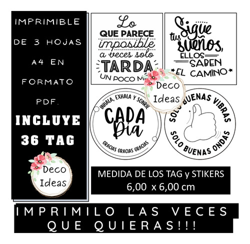 Kit Imprimible 03 Frases Positivas Tag Topper Emprendedores