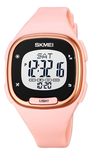 Reloj de pulsera Skmei 1959 de cuerpo color rosa, digital, para mujer, fondo gris, con correa de goma color rosa, dial negro, minutero/segundero negro, bisel color negro y hebilla simple