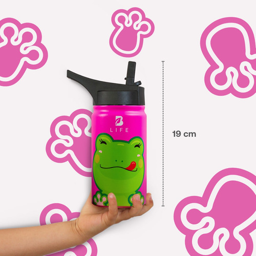 Termo De Agua Para Niños 355 Ml Con Popote Y Asa. B Life Color Rana