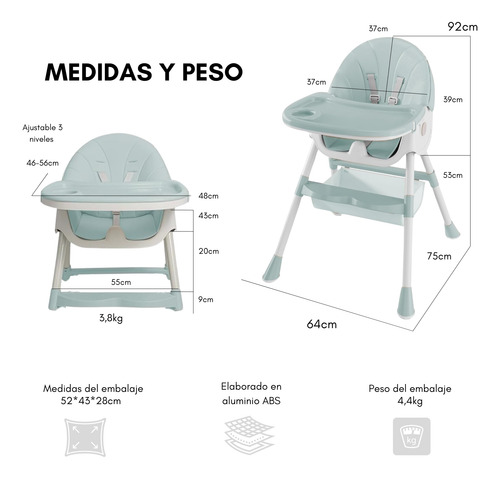Silla De Comer Bebe Alta 3 En 1 Evolutiva Ajustable Plegable