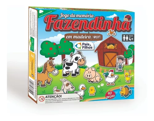 Jogo da Memória em Madeira - Fazendinha - 40 peças - Pais e Filhos - Ri  Happy