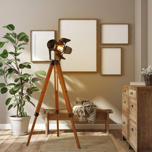 Lámpara De Pie Vintage Con Trípode De Madera Negra Para Sala