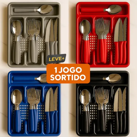 Kit Jogo De Talher 24 Peças Colher Faqueiro Garfo Gaveteiro 24 Talheres + Brinde Sortido