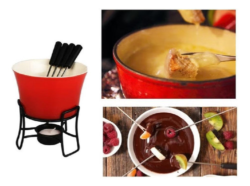 Conjunto Foundue Completo Em Ceramica Vermelho Premium