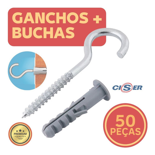 Gancho Aço + Bucha Nº8 Para Tela Rede De Proteção 50pç