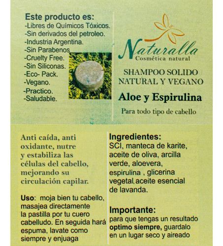 Shampoo Solido Aloe Vera Y Espirulina 100grs. Naturalla