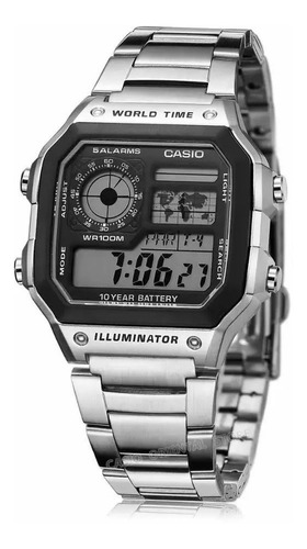 Relógio Casio Masculino Word Time Prata Quadrado Prateado