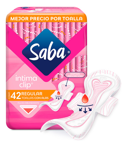 Toallas Femeninas Saba Intima Clip Regular Con Alas 42 Unidades