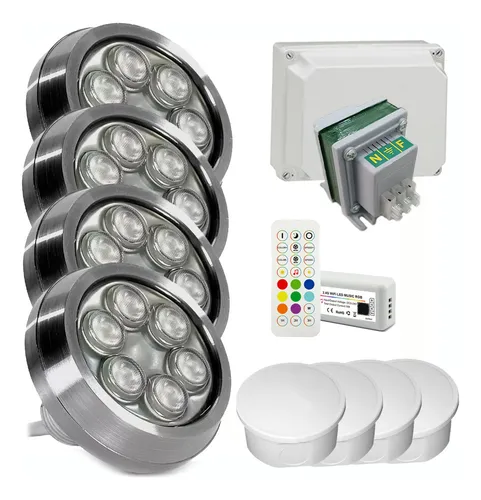 comprar Kit Completo Iluminacion Pileta Hormigon Ó Fibra 4 Luces Led Sumergibles Diamond 20w Rgb Acero Inox Macizo 316 + Controlador Wifi + Transformador + Caja Estanca + Cajas De Pase Listo Para Instalar