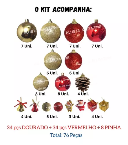 Kit 76 Enfeites Para Árvore De Natal Bola Sino Presente Luxo
