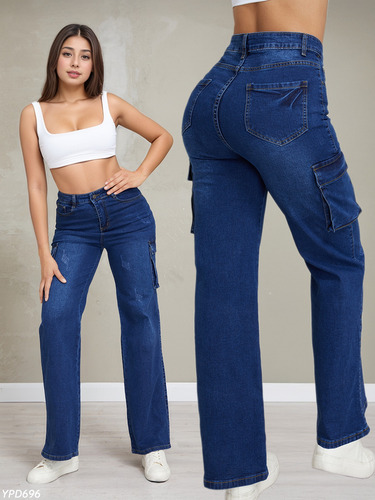 Jeans Cargo Mezclilla Azul Stretch Tiro Alto Pushup Ypd696