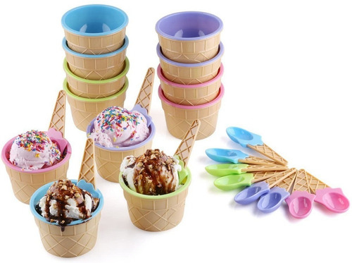 Kit Tazas Tazones Bowl Tipo Cono Helado Cucharas 24 Piezas