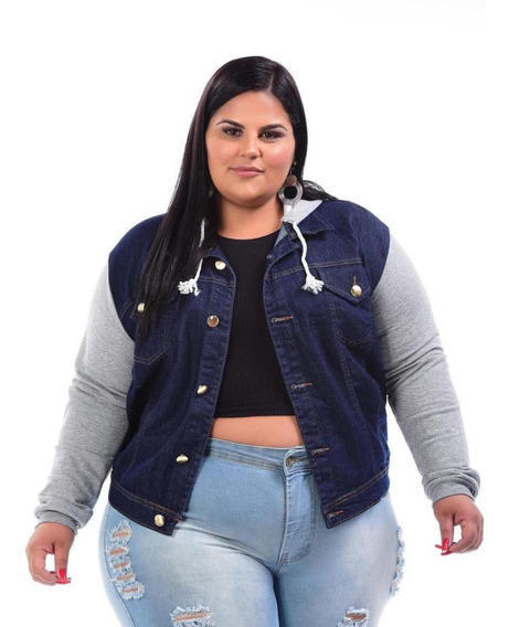 jaqueta jeans com manga de moletom feminina plus size