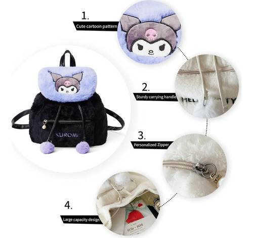 Kuromi Mochila Con Solapa De Felpa,bolso De Felpa Bordada