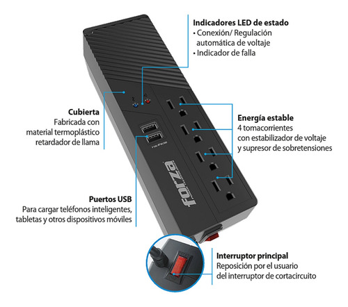 Regulador De Voltaje Forza 1000va/500w Con 4 Tomas + 2 Usb