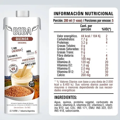 Leche Bebida De Quinoa Vegan S/tacc S/azucar Biba 1 Litro Dw