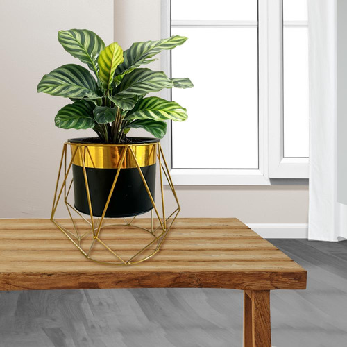 Macetero Pedestal Maceta Negra Con Dorado