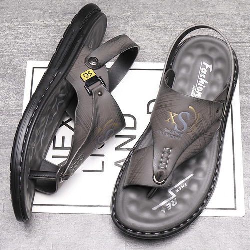 Sandalias De Playa De Cuero Gris Para Hombre, Estilo Casual,