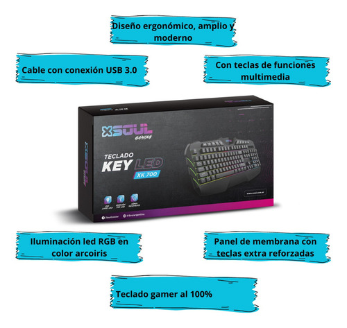 Teclado gamer Soul XK700 QWERTY inglés color negro con luz RGB USB