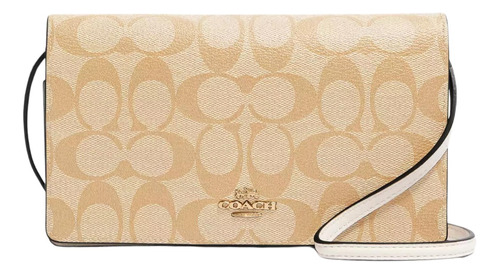 Bolsa Coach Anna Foldover Clutch In Signature Canvas Acabado De Los Herrajes Dorado Color Beige Correa De Hombro Crema Diseño De La Tela Monograma