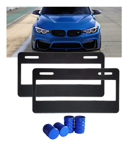 Set 2 Portaplacas Fibra Carbono + 4 Tapones Aire Azul Auto