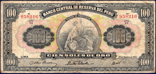 100 Soles De Oro 28 De Agosto De 1952 Billete De Perú