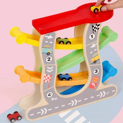Brinquedo de corrida de rampa de madeira, brinquedo de pista de corrida  infantil com 6 mini carros e estacionamento, brinquedo de rampa de carro de  madeira para brinquedos de crianças para meninas