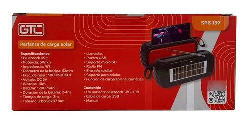 Imagen 5 de 5 de Parlante Bluetooth Gtc Con Carga Solar Spg-139