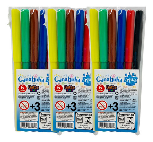 Canetinha Escolar Hidrográfica Lavável Gatte Kids C/ 6 Cores