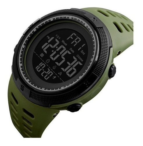 Reloj pulsera Skmei 1251 de cuerpo color negro, digital, para hombre, fondo negro, con correa de poliuretano color verde musgo, dial gris, minutero/segundero blanco, bisel color negro, luz verde y hebilla doble