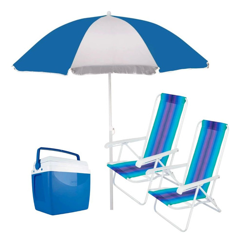 Kit 2 Cadeiras De Praia + Guarda-sol + Caixa Térmica 26 L